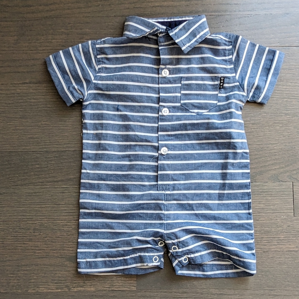 DKNY Boys Striped Shirt Sleeve Romper, 6-9 Months